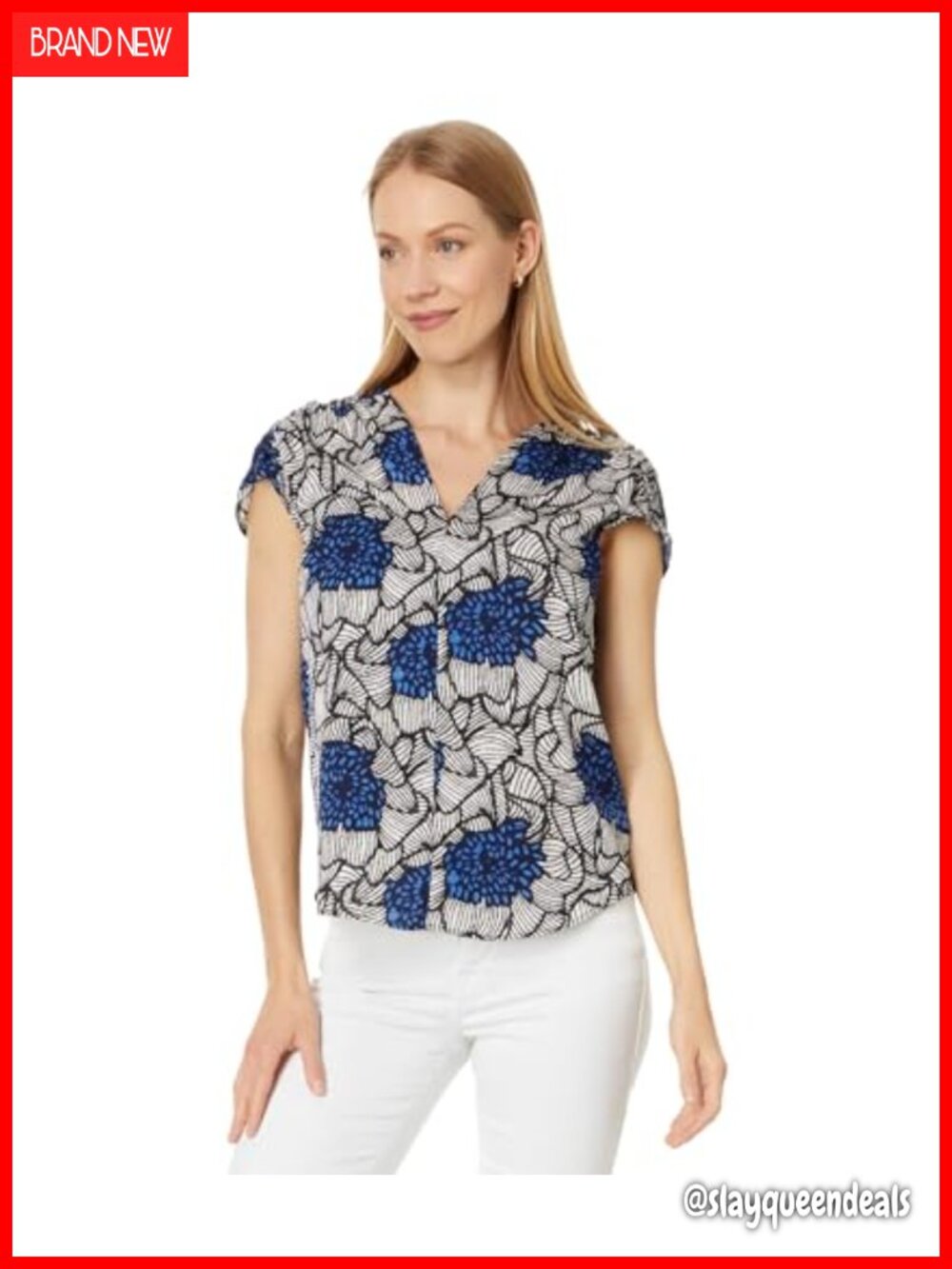 NIC+ZOE Petal Bloom Top Split V-Neck Cap Sleeve Pullover
